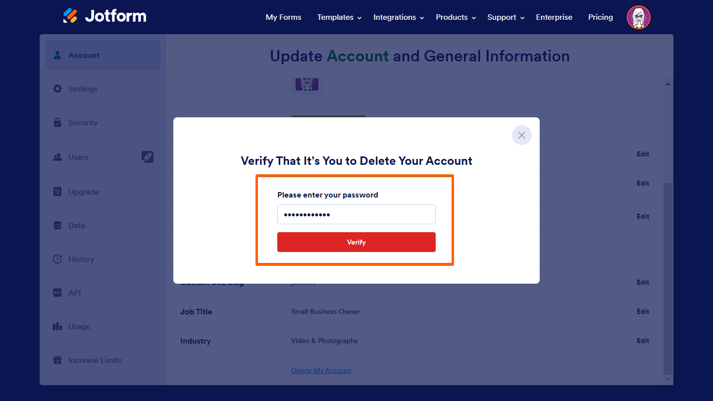 A screenshot of the "Verify That It’s You to Delete Your Account: Please enter your password" window on the Jotform Account Profile page