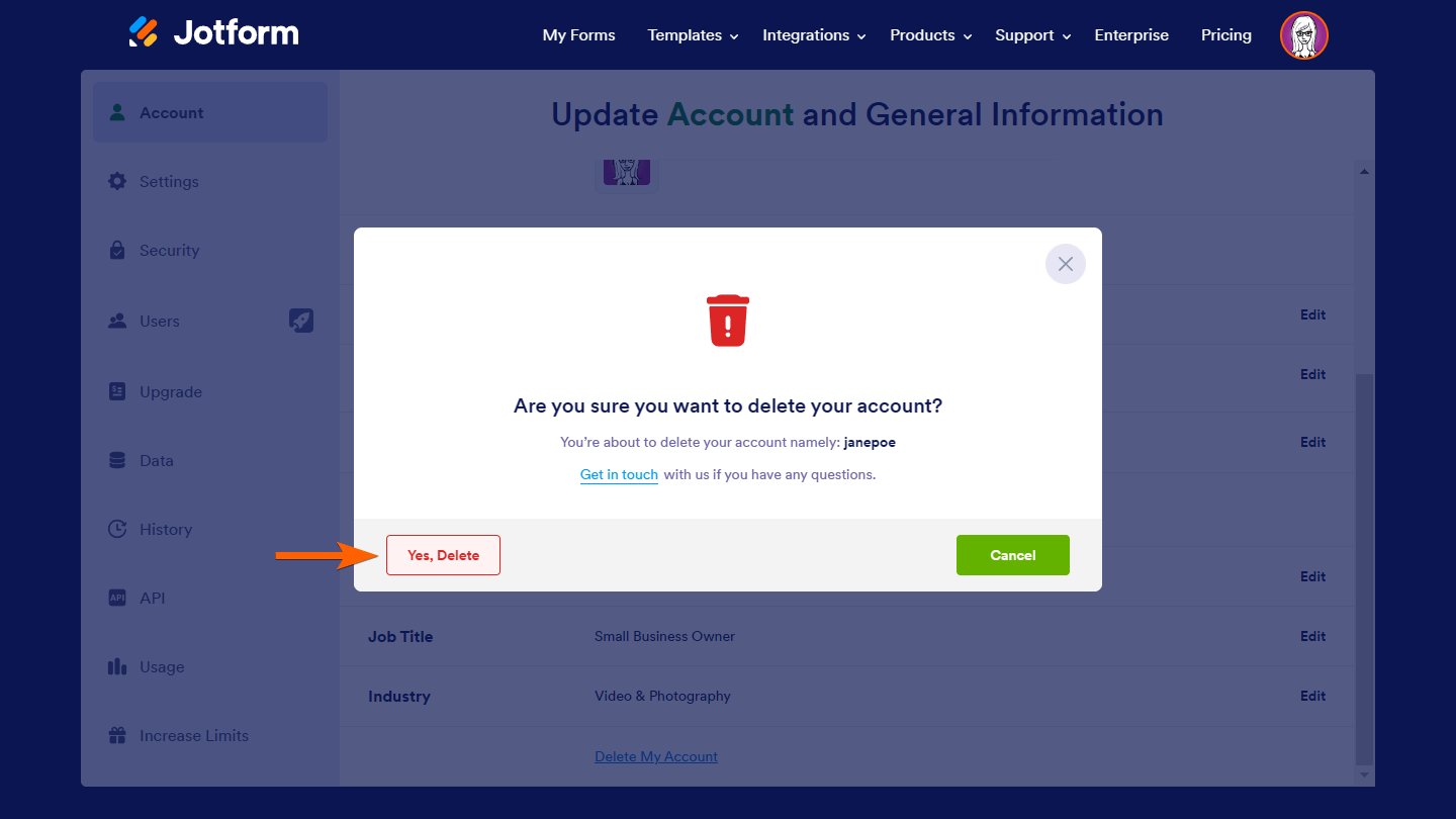 An arrow pointing to the "Yes, Delete" button on the Jotform Account Profile page