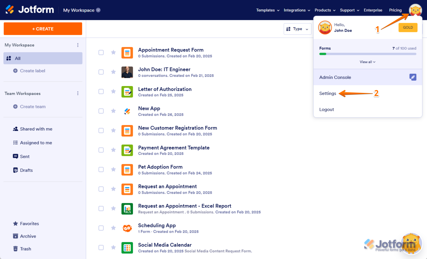 Icono de Perfil y opción de Configuración en Jotform