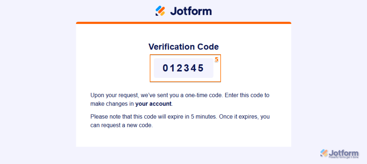 Verifizierungscode in der E-Mail zur Bestätigung der Änderungen im Jotform-Konto