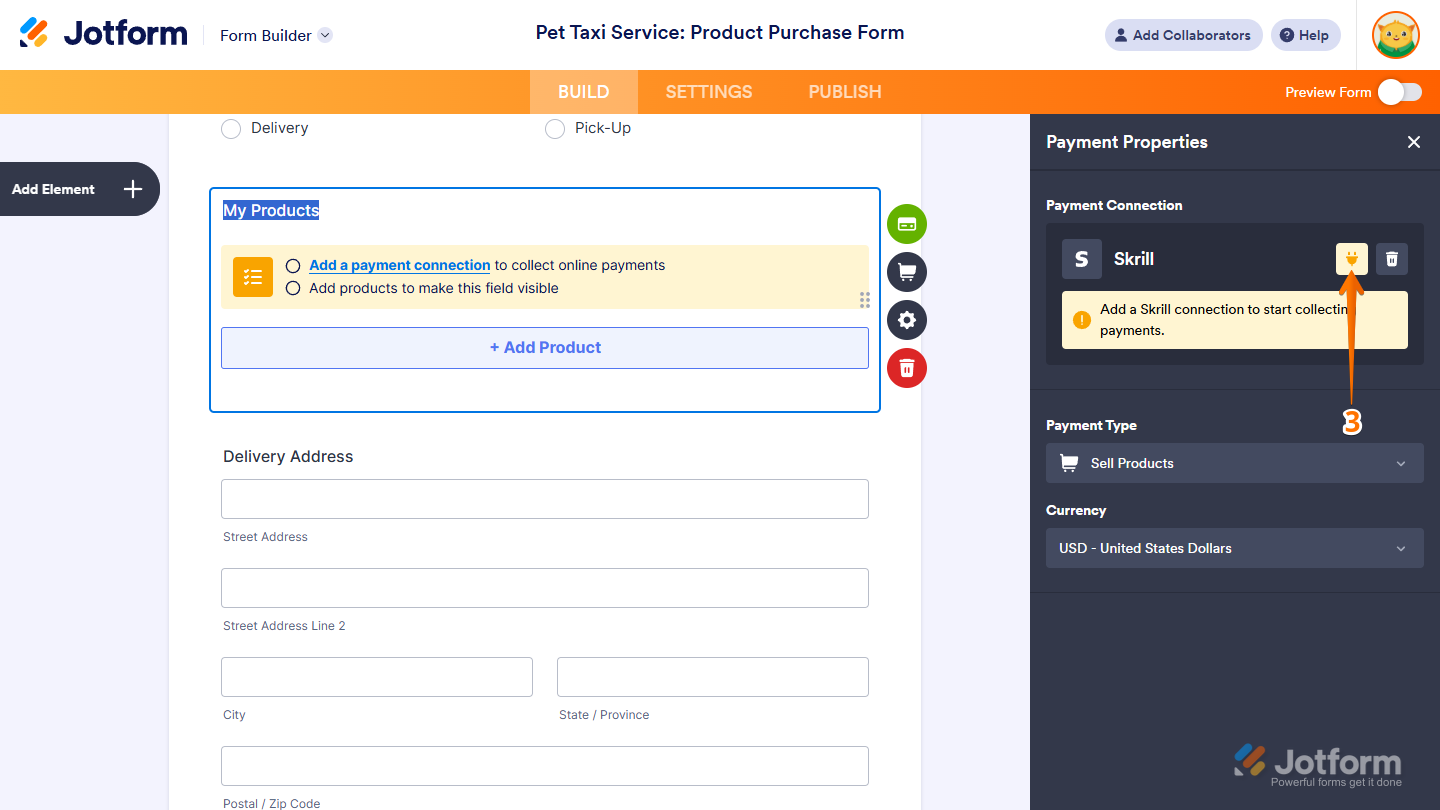 Skrill Plug icon in the Payment Connection section of the Payment Properties window in Jotform Form Builder