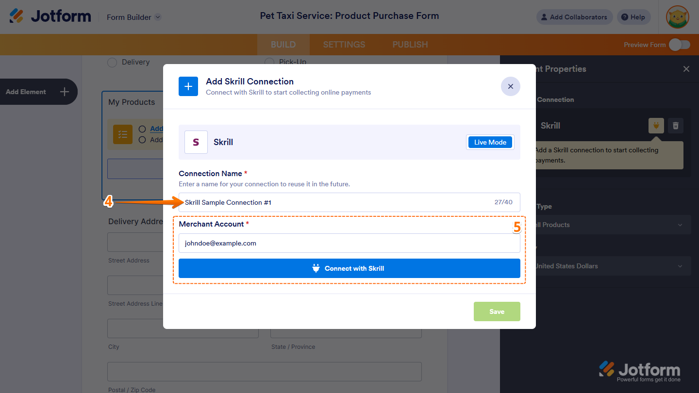 Skrill Integration settings in the Add Skrill Connection window in Jotform Form Builder