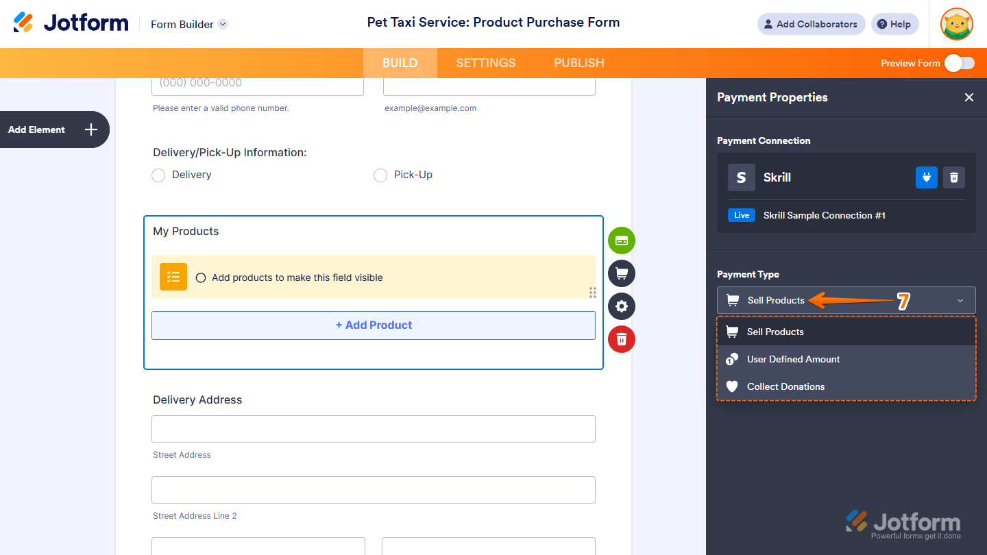 Payment Type Dropdown menu of the Payment Properties window in Jotform Form Builder