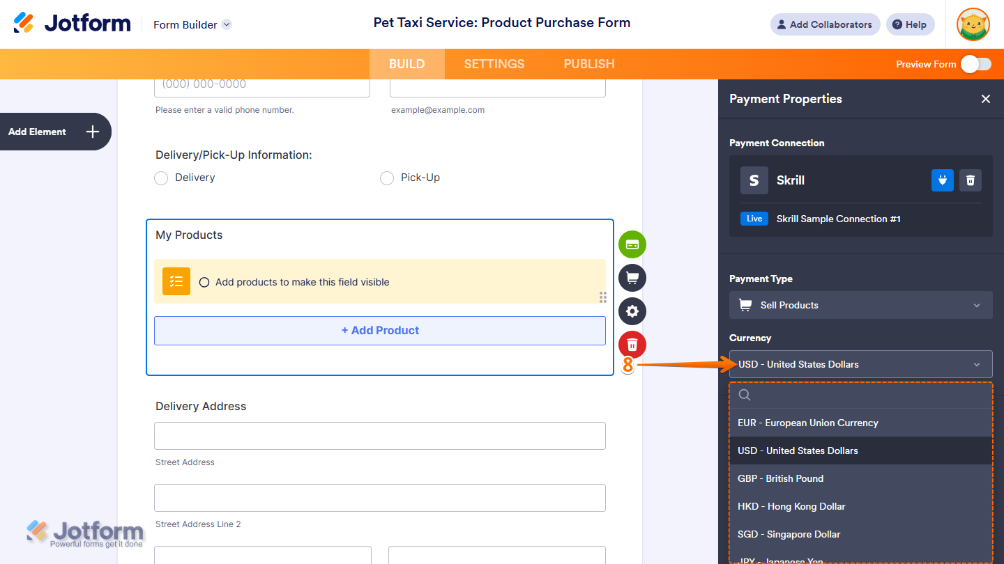 Currency Dropdown menu of the Payment Properties window in Jotform Form Builder