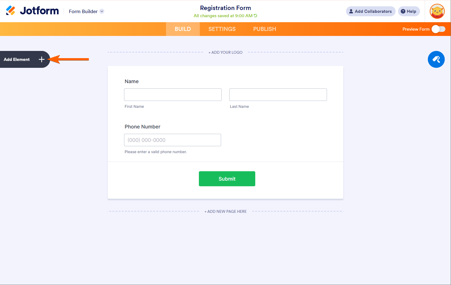 Botón Añadir Elemento en el Constructor de Jotform