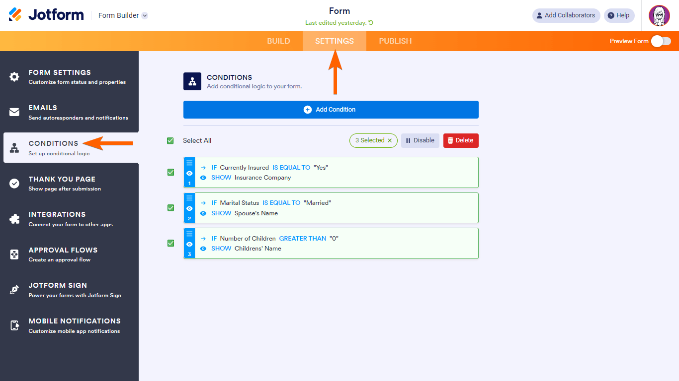 Steps to disable conditions in Jotform