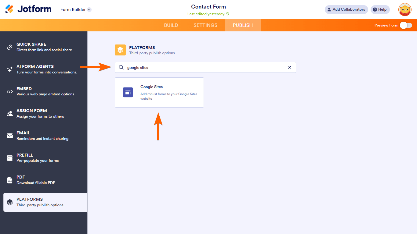 A Google Sites option in Jotform Form Builder Platforms