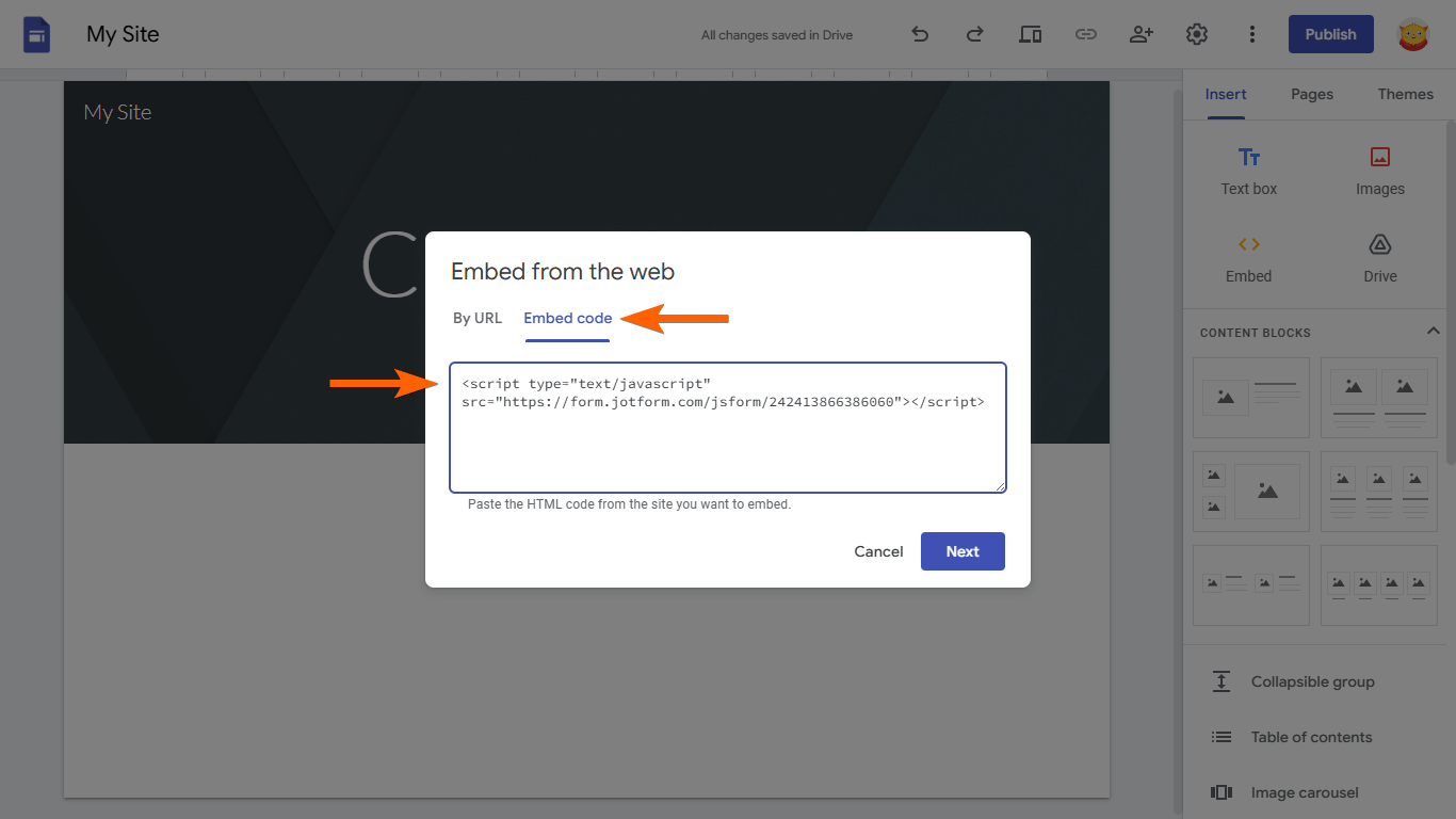 An embed code in Google Sites