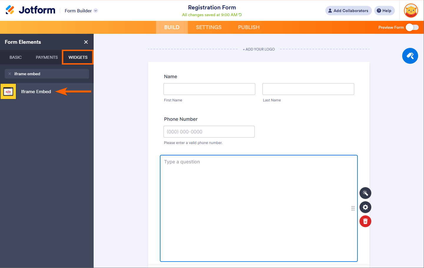 Búsqueda y adición del widget de Incrustación de Iframe en el Constructor de Jotform