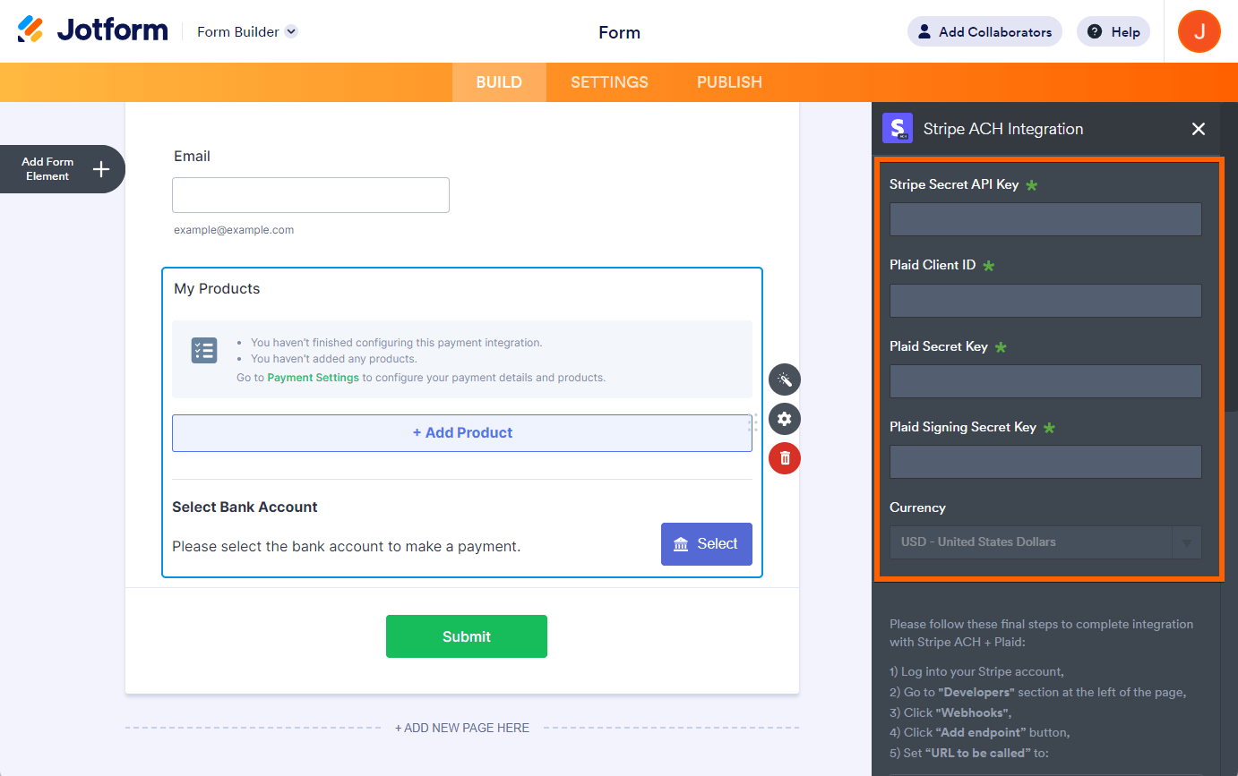 Ventana de configuración de pagos de la integración de Stripe ACH mostrando la Clave API Secreta de Stripe, el ID de Cliente de Plaid y la Clave Secreta, y la Clave Secreta de Firma de Plaid