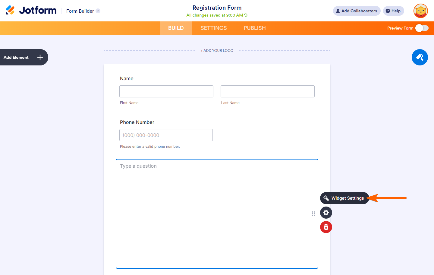 Ícono de Varita para abrir la Configuración del Widget en Jotform