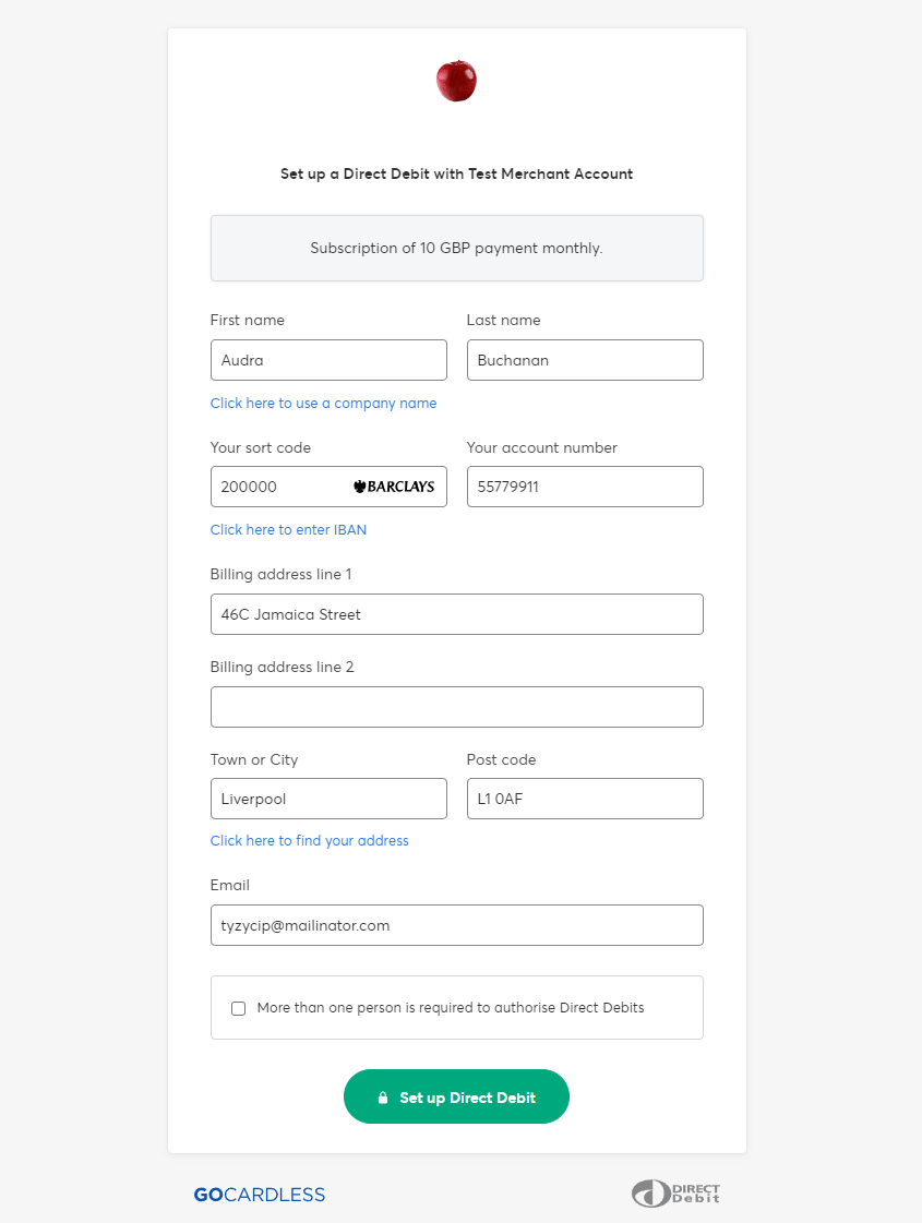 GoCardless mandate creation page
