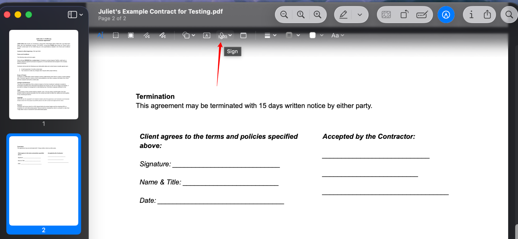 Sign icon selected before adding an iPhone or iPad signature