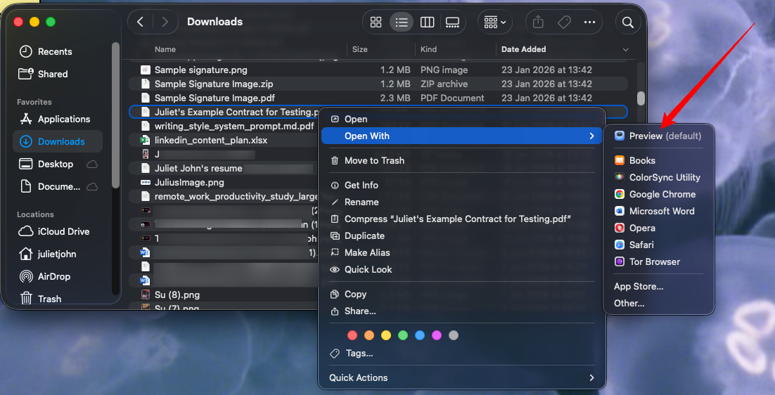 Mac screen showing a file highlighted and an arrow pointing to "Preview" in the "Open With" menu