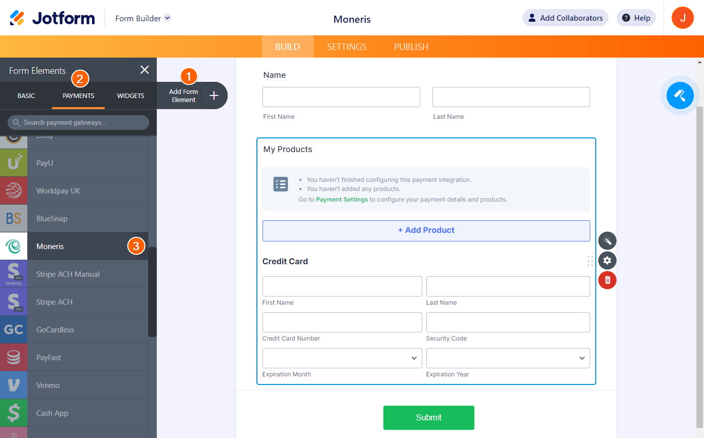 Jotform Form Builder with the Add Form Element button on the upper left corner, Payments tab and Moneris payment gateway