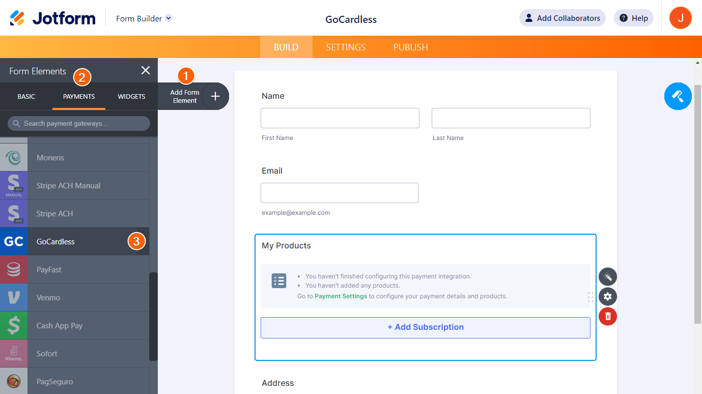 Jotform Form Builder with steps to click on Add Form Element button, Payments tab, and GoCardless payment gateway