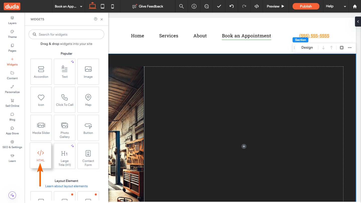HTML element in the Widgets menu in Duda Website Builder