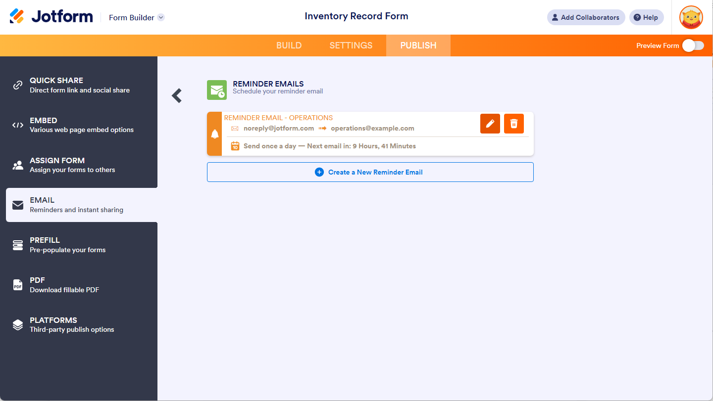 Botones de Editar y Eliminar del Correo Electrónico de Recordatorio en la pestaña Email del Constructor de Formularios de Jotform