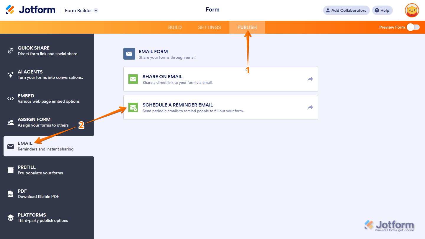 Opening Publish settings and selecting Schedule a Reminder Email under Emails in the Jotform Form Builder in Jotform