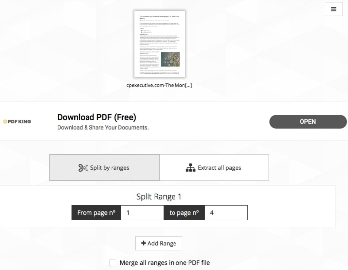 split PDF files in iLovePDF "split by ranges"