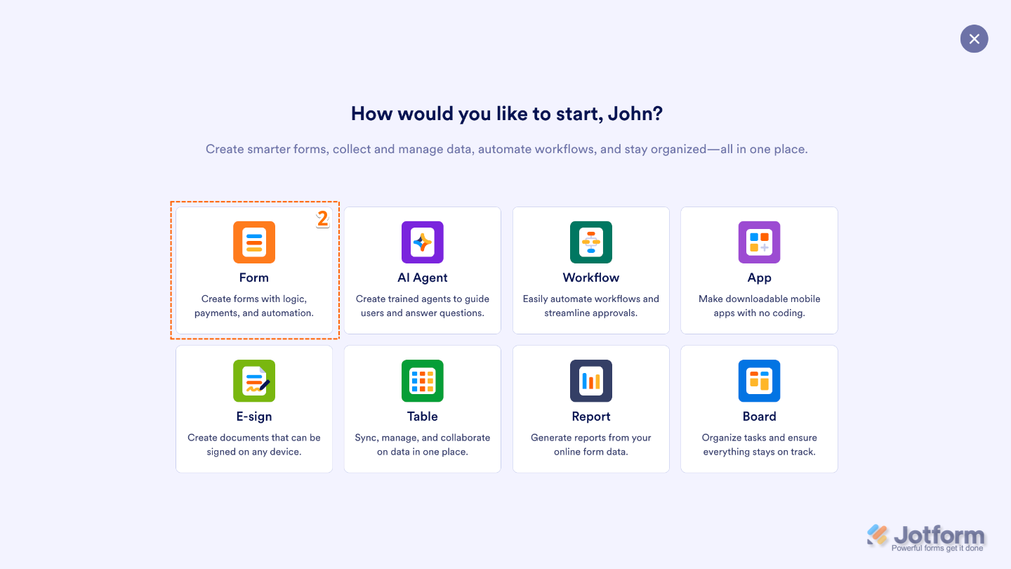 Jotform Create window displaying different options with the Form button highlighted