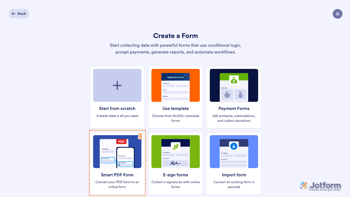 Create a Form window showing Smart PDF Form option selected to start building a fillable PDF form