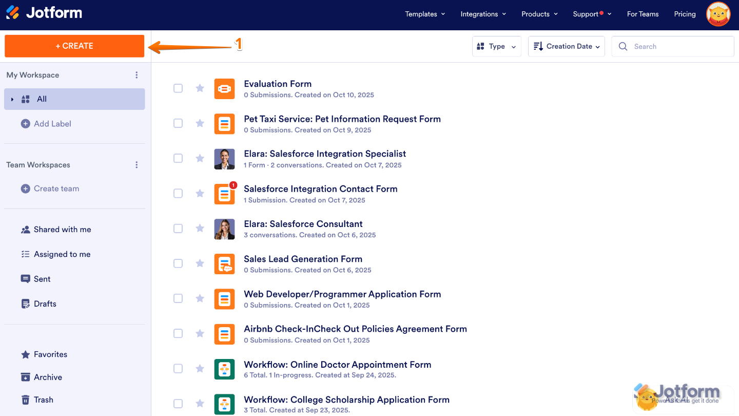 Jotform Workspace page showing the Create button at the top-left corner of the screen