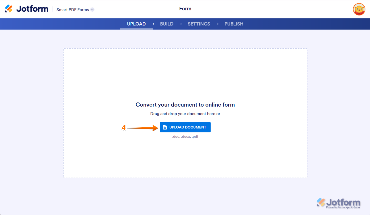 Clicking Upload Document in Jotform Smart PDF Form to import a PDF file