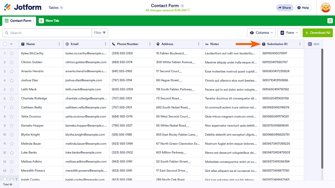 A Submission ID column in Jotform Tables