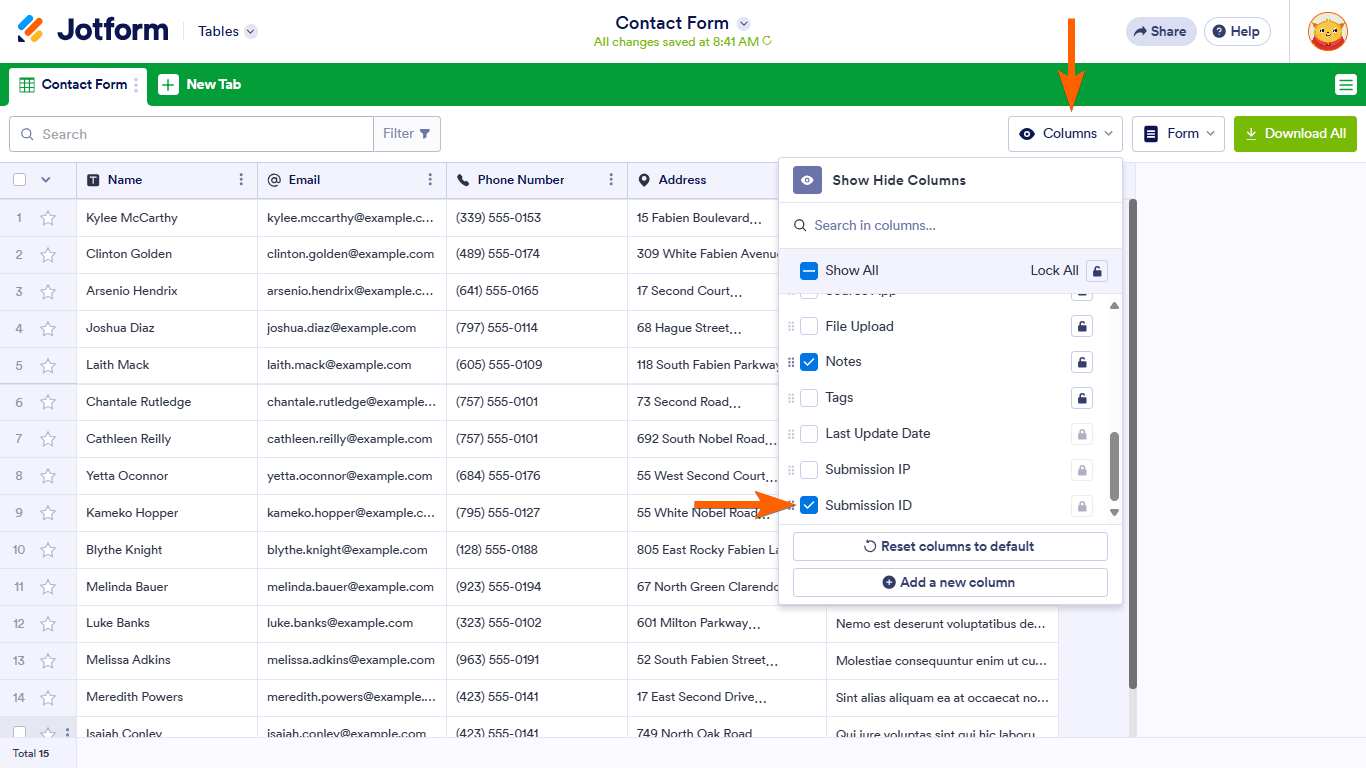 A Submission ID option in Jotform Tables' Show Hide Columns dialog