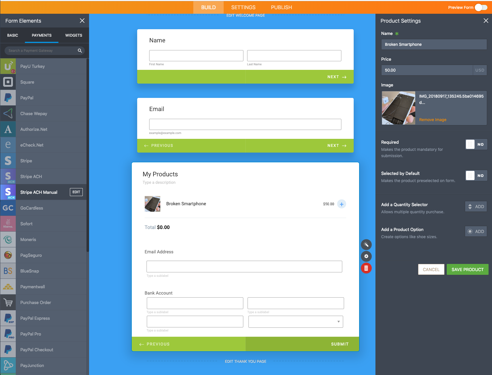 Jotform Form Builder Editing Product Settings 