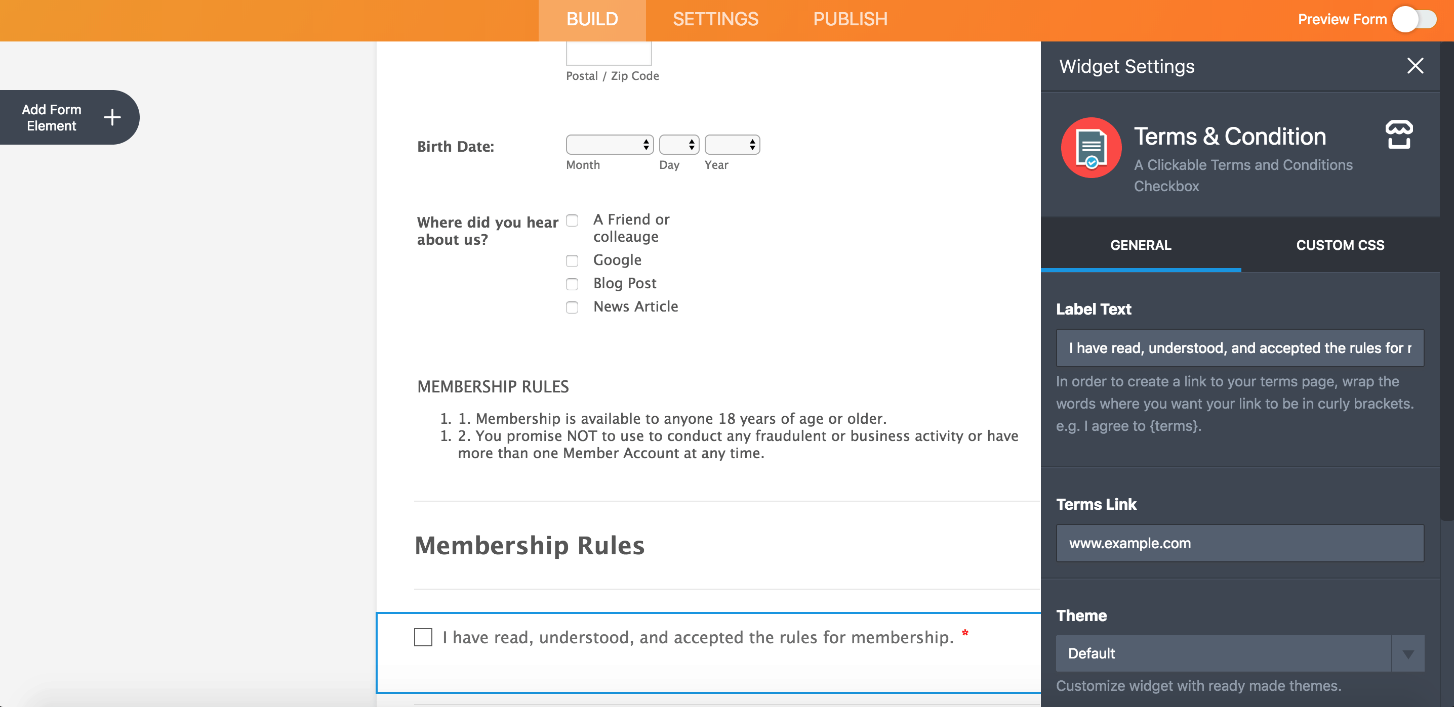 Terms Conditions Widget