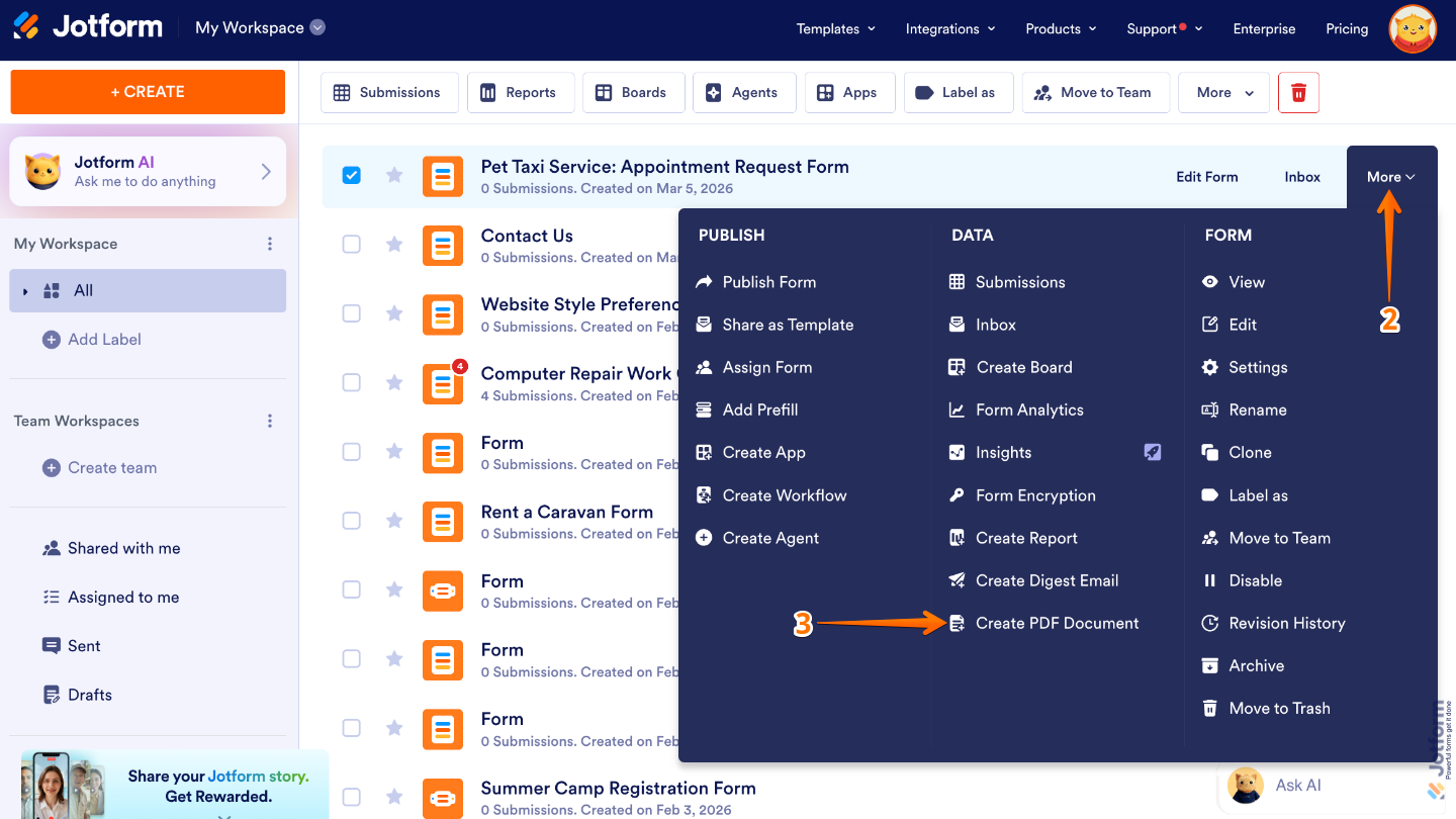 Hover over a form in the dashboard and click More on the right side to access additional form options