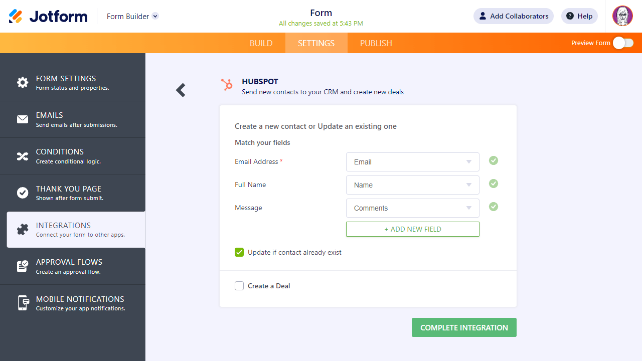 Form Builder Hubspot Complete Integration