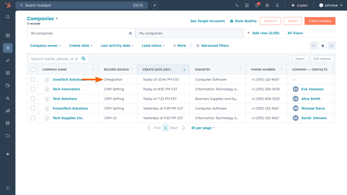 Company record created via Jotform HubSpot Integration