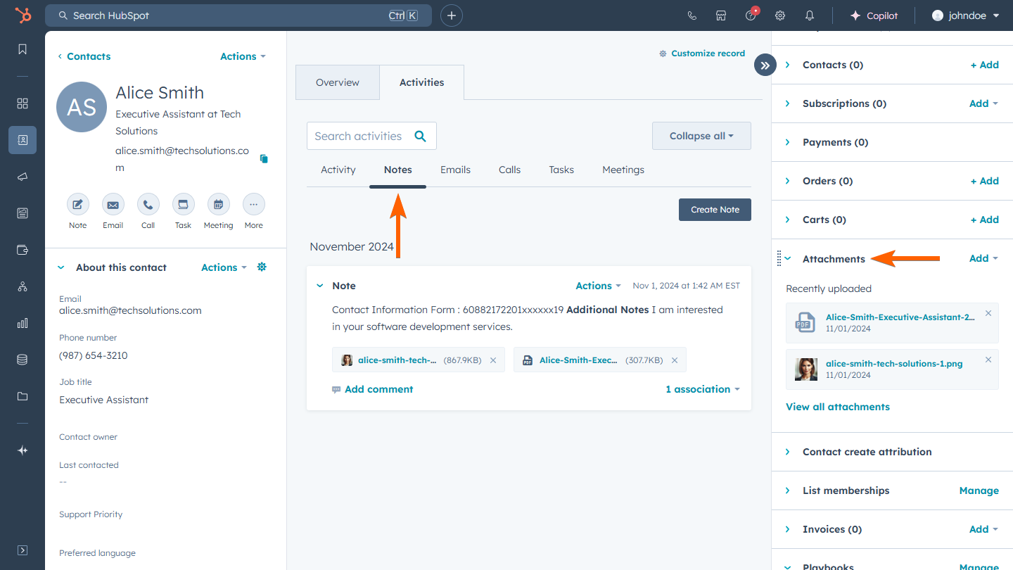 Contact Note and Attachments created via Jotform HubSpot Integration