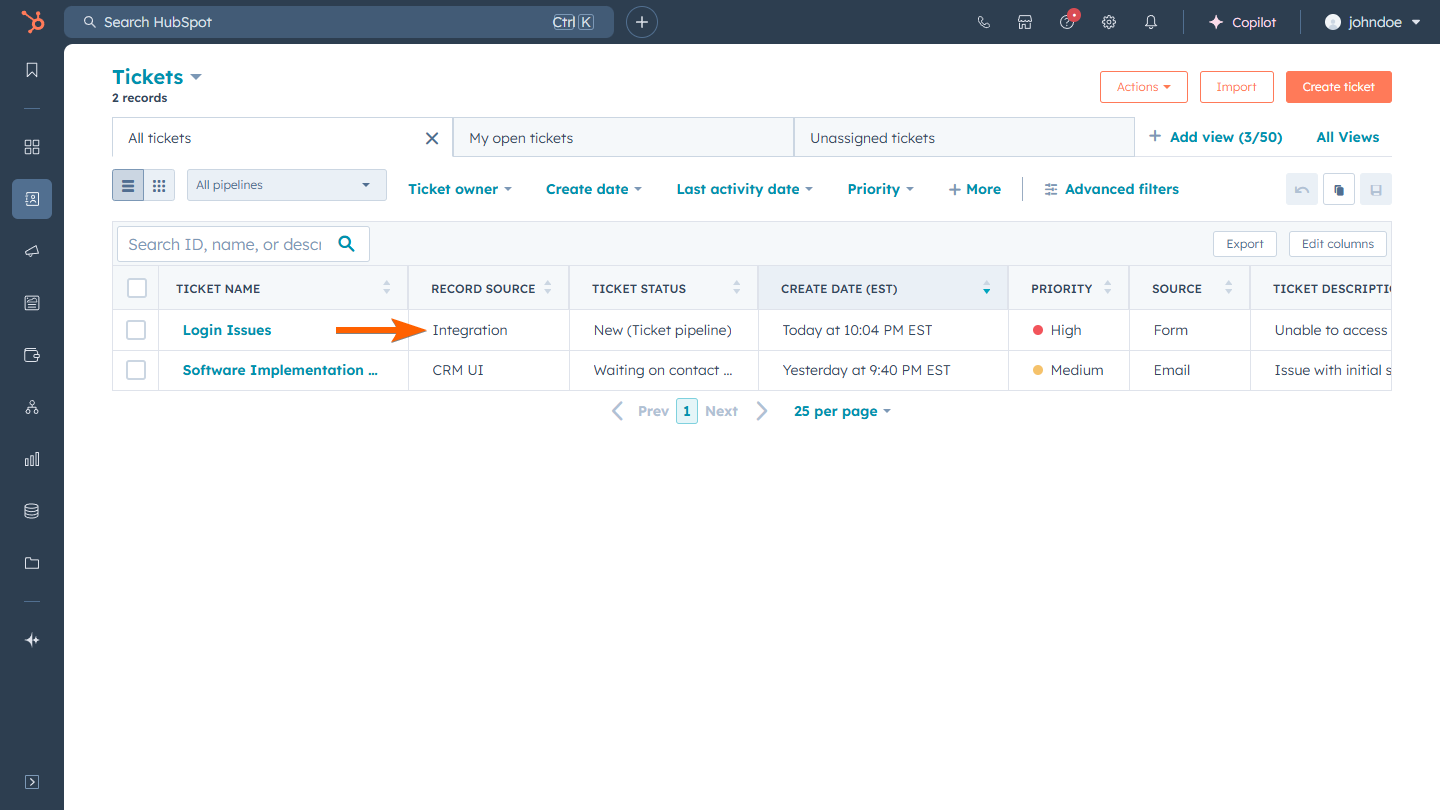 Ticket record created via Jotform HubSpot Integration