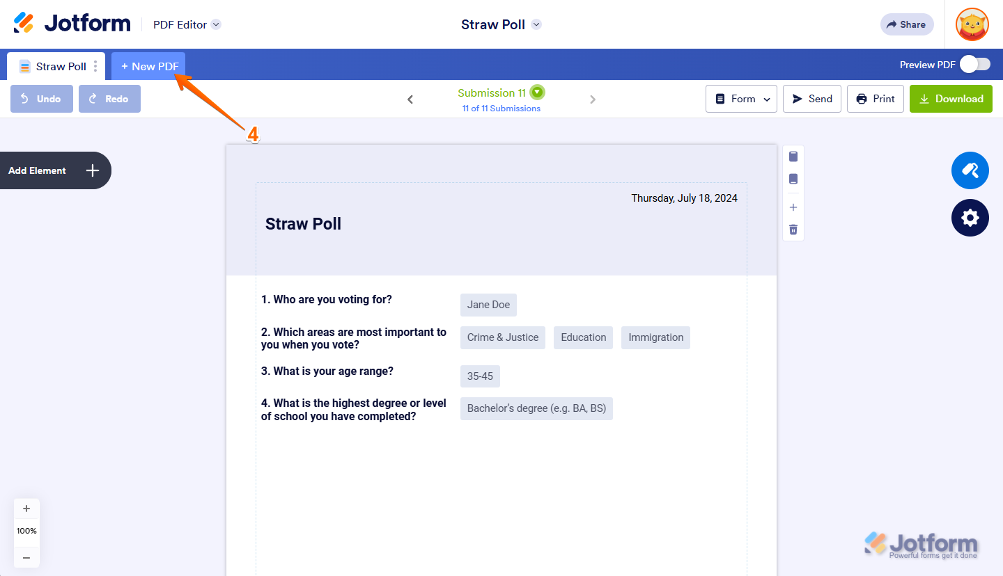 PDF Editor interface showing the blue navigation bar with the New PDF button highlighted