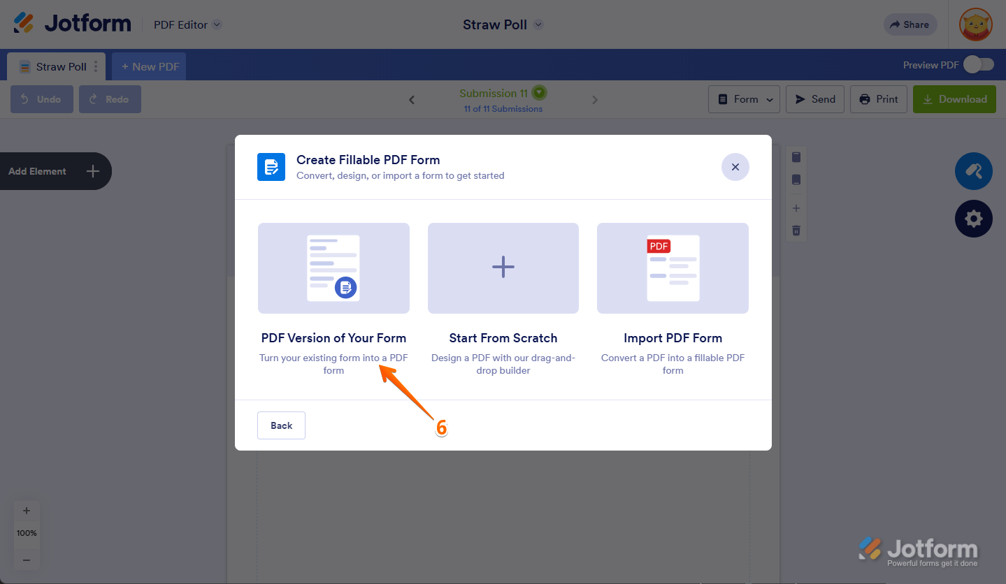Form interface showing the option to choose the PDF version of your form before creating a fillable PDF