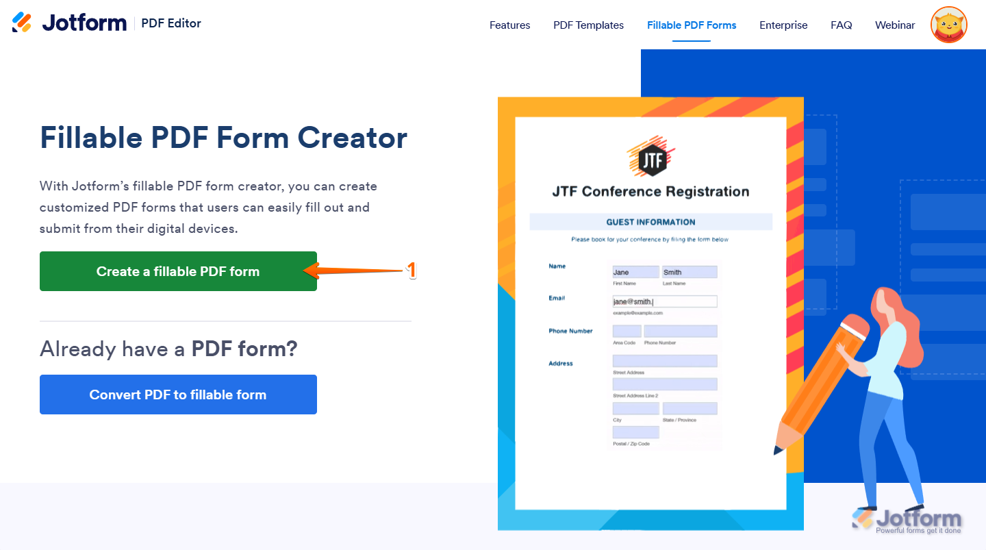 Jotform Online Fillable PDF Creator page with the Create a Fillable PDF Form button highlighted