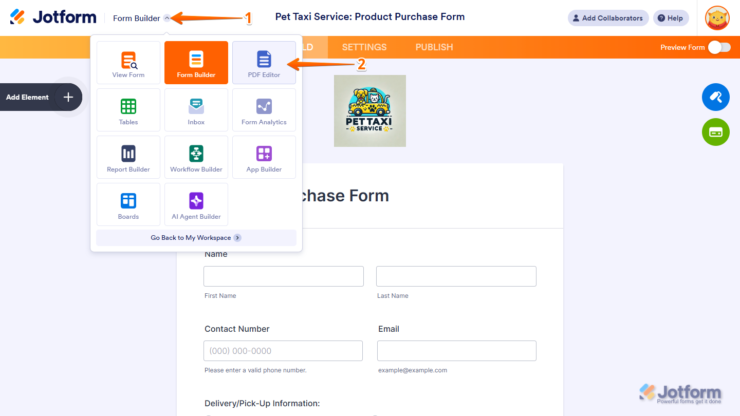 PDF Editor option in the App Picker menu in Jotform Form Builder
