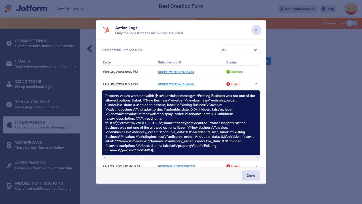 Action Logs modal of HubSpot Integration in Jotform Form Builder