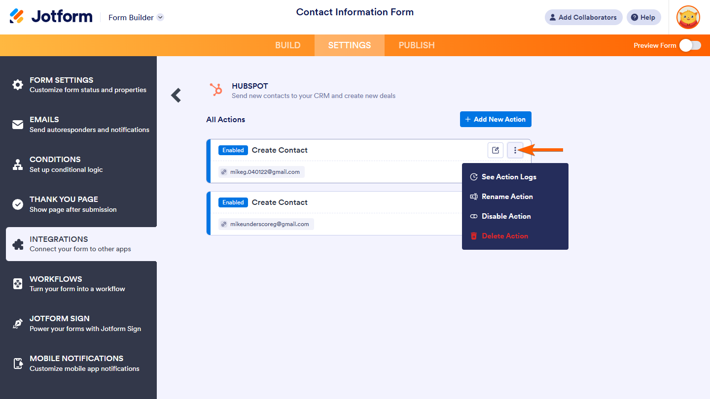 Action menu of HubSpot Integration in Jotform Form Builder