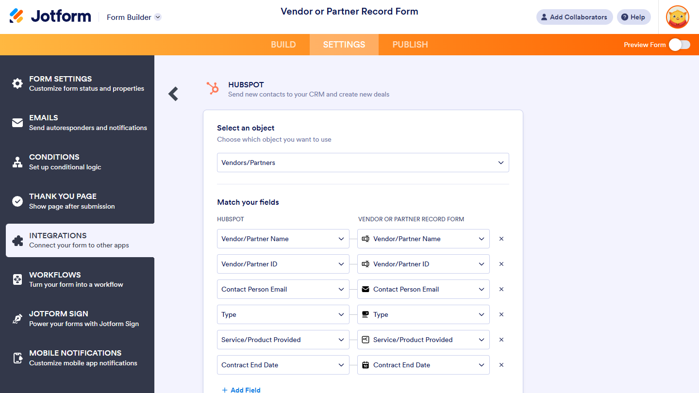 Create Custom Object Record action settings of HubSpot Integration in Jotform Form Builder