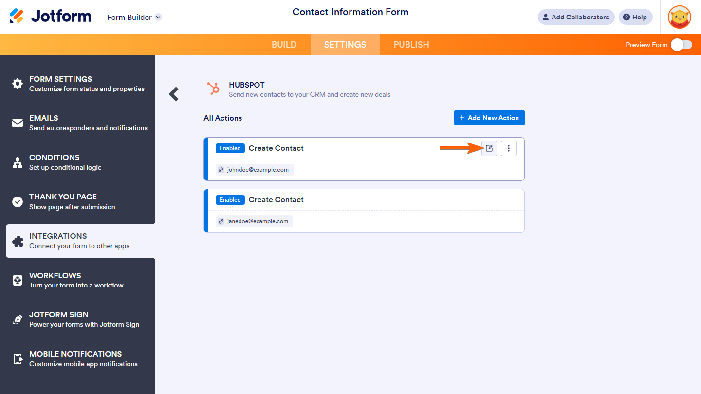 Edit Action button of HubSpot Integration in Jotform Form Builder