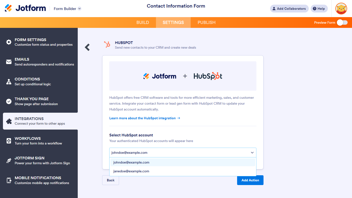 Select HubSpot account dropdown of HubSpot Integration in Jotform Form Builder