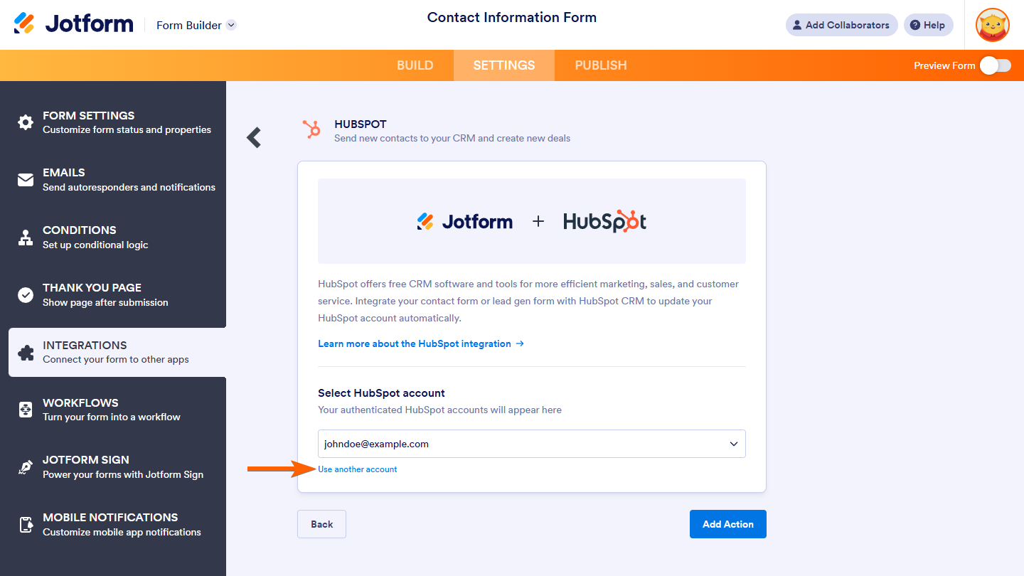 Use another account button of HubSpot Integration in Jotform Form Builder