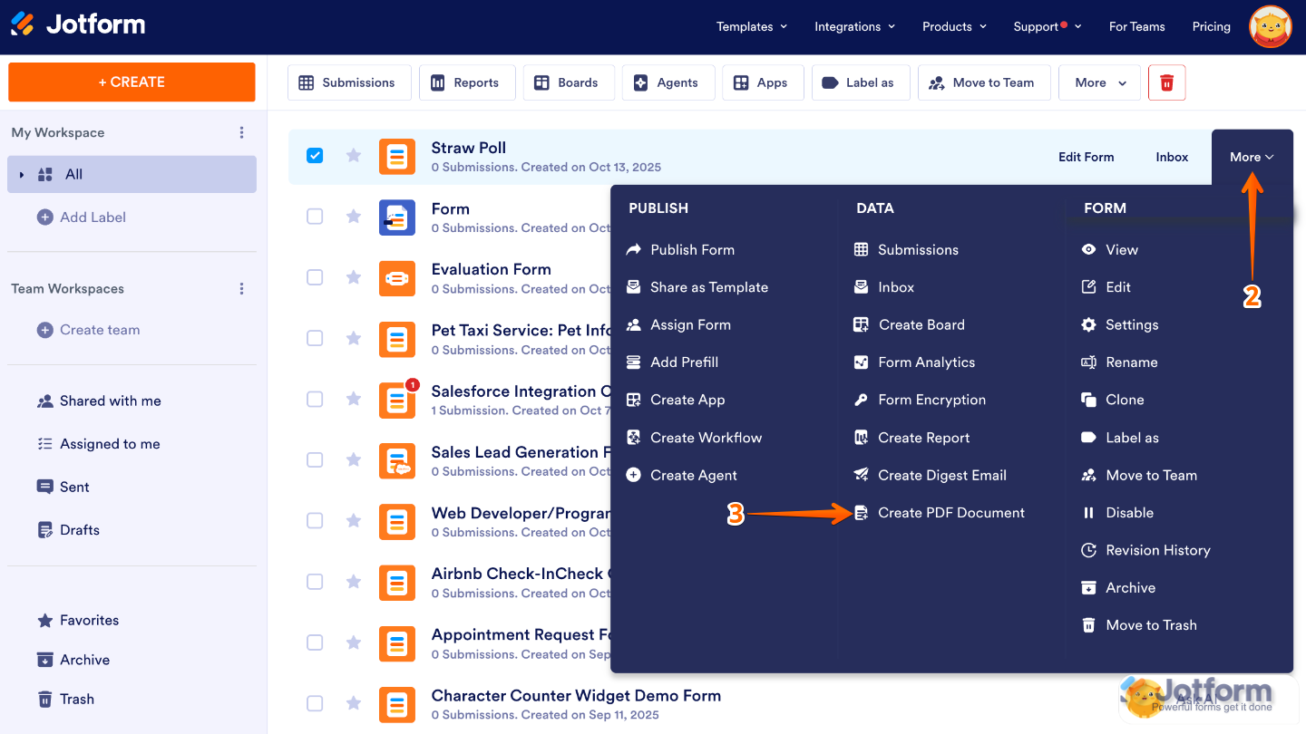 Workspace showing user hovering over a form and selecting Create PDF Document from the More dropdown menu