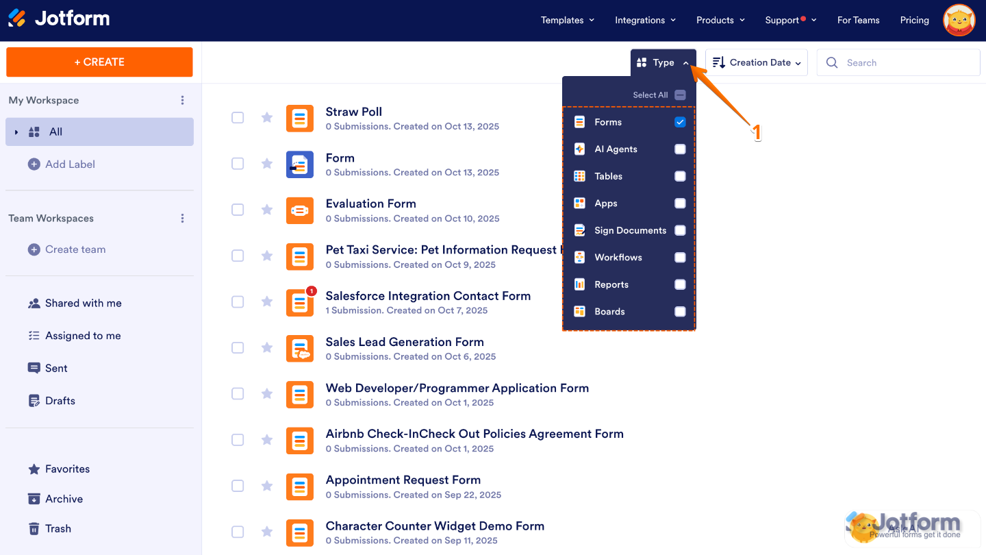 Workspace page showing the Type filter dropdown menu with only Forms selected to display form assets