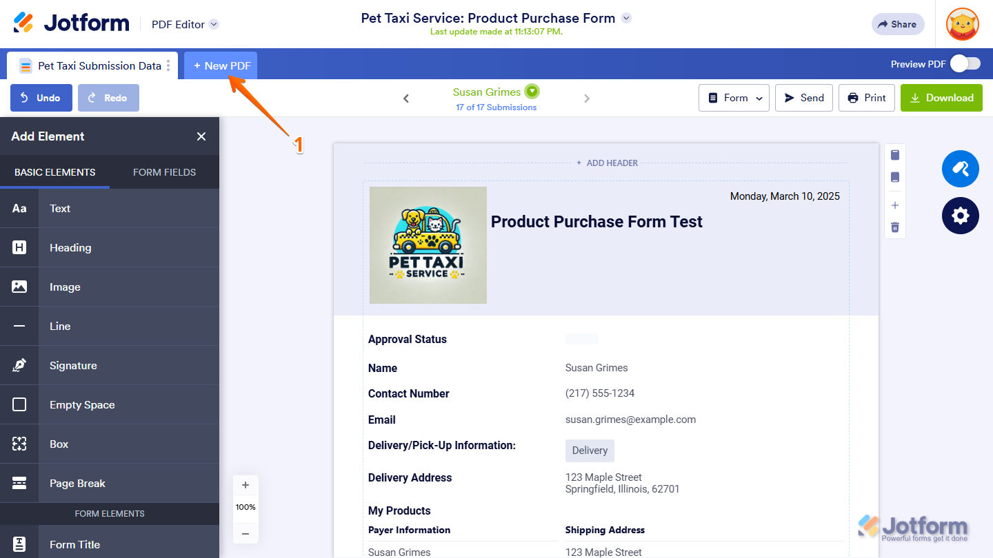 New PDF button in Jotform PDF Editor